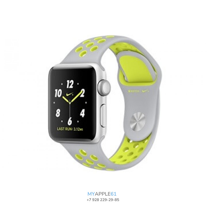 Apple Watch Nike+ 38 мм, серебристый алюминиевый корпус, спортивный ремешок Nike листовое серебро-салатовый